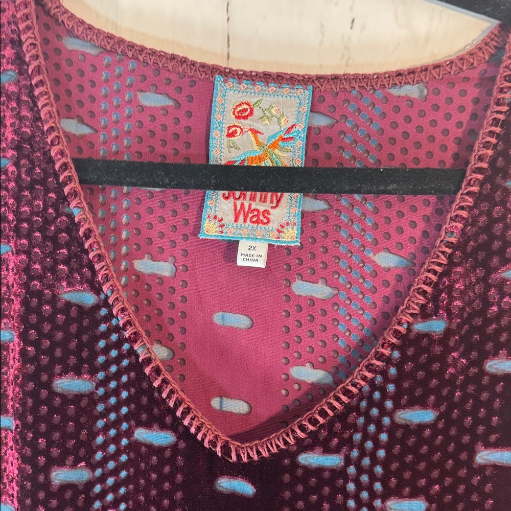 Johnny Was Burgundy Silk/Velvet Sheer and Multicolor Tunic - Picture 6 of 9